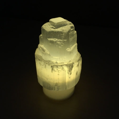 Selenite Skyscraper Lamp Mini – Natural Crystal Night Light with LED Tealight