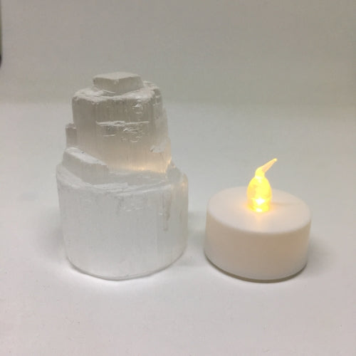 Selenite Skyscraper Lamp Mini – Natural Crystal Night Light with LED Tealight