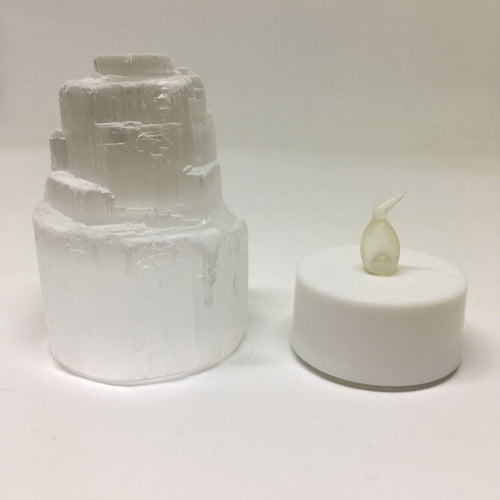 Selenite Skyscraper Lamp Mini – Natural Crystal Night Light with LED Tealight